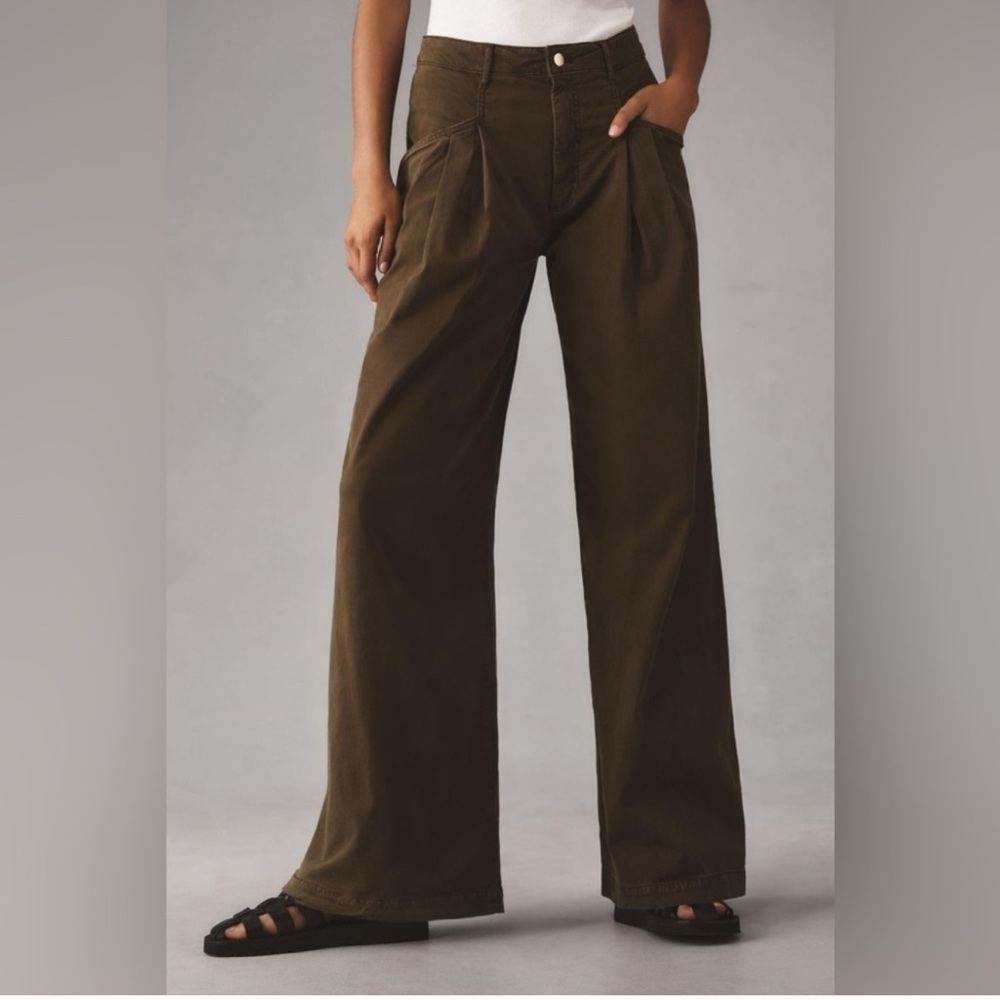 Anthropologie Maeve Oversized Wide-Leg Pleated Chino Pants in Moss Green Size 12 - Picture 2 of 16